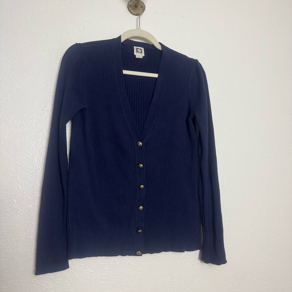 Anne Klein‎ Navy Blue Ribbed Plunge Cardigan Golf Hardware